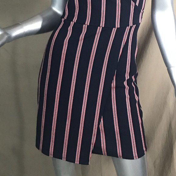 Rebel Sugar Women's Small Striped Blue Red Short Body-con Style Dress Faux Wrap - Picture 3 of 16